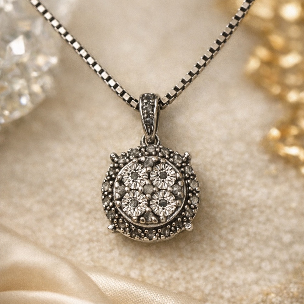 ✨ Italy 925 Sterling Silver CZ Halo Cluster Pendant Necklace Box Chain
